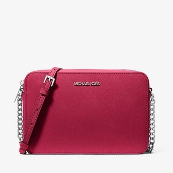 Michael Kors Jet Set Large Saffiano Leather Crossbody Bag In Dark Raspberry New - Picture 1 of 8